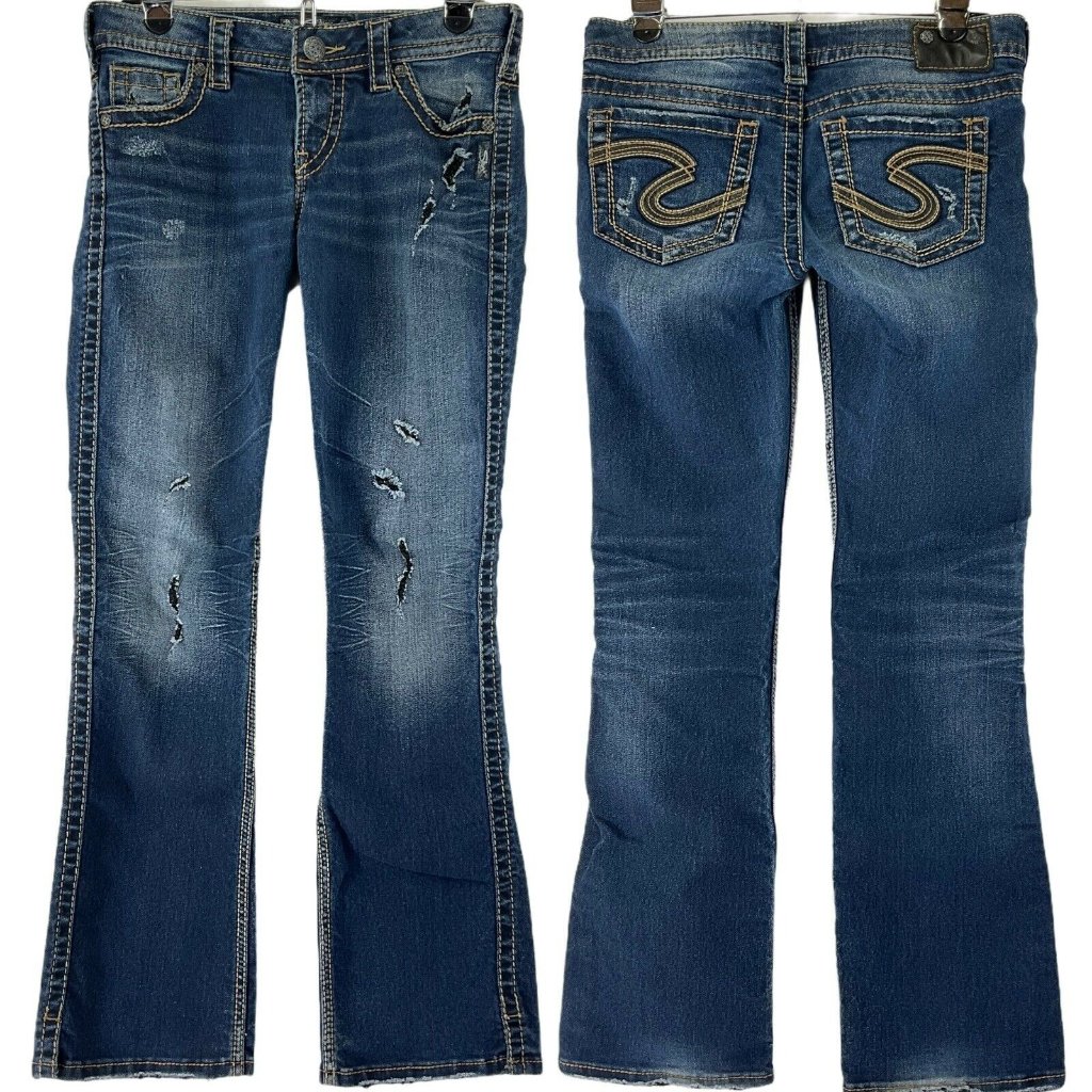 Silver Jeans Womens Size 28 Frances Dark Wash Thick Stitch Stretch Distressed